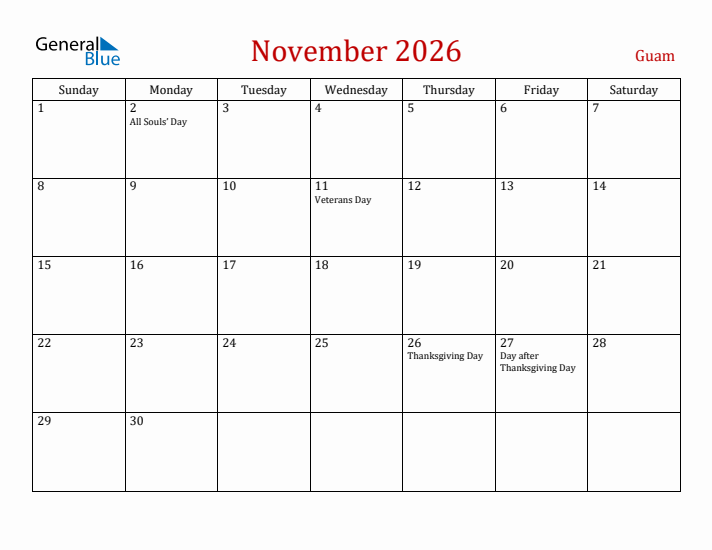 Guam November 2026 Calendar - Sunday Start
