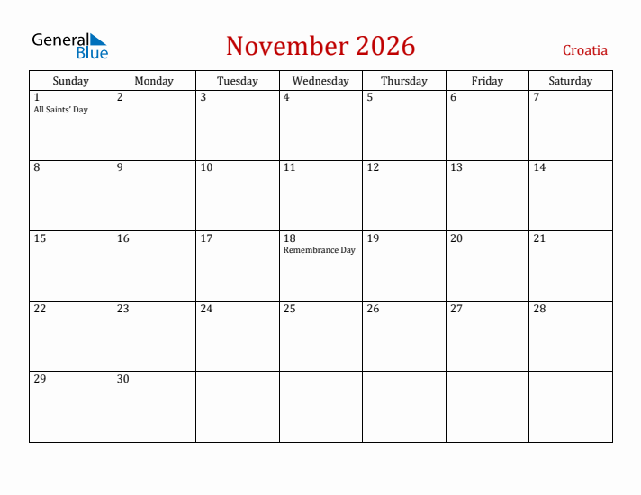 Croatia November 2026 Calendar - Sunday Start