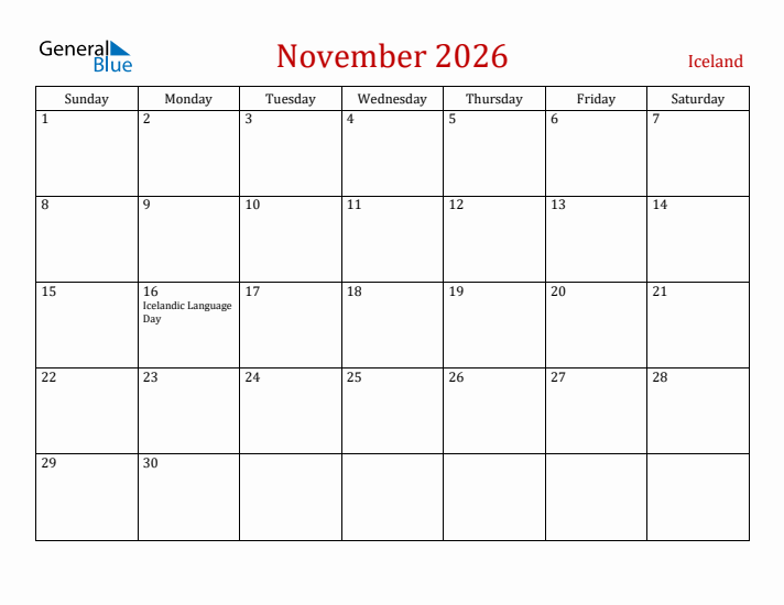 Iceland November 2026 Calendar - Sunday Start