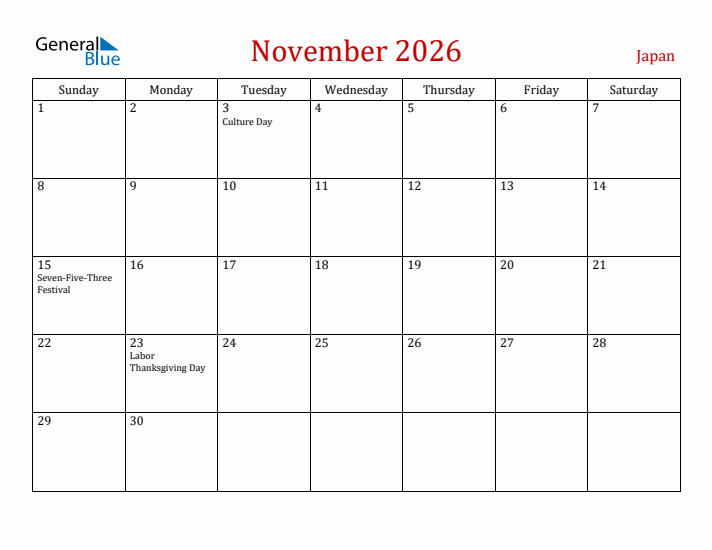 Japan November 2026 Calendar - Sunday Start
