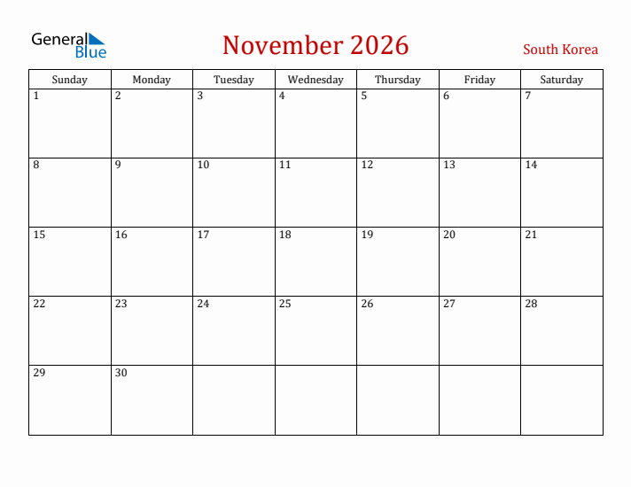 South Korea November 2026 Calendar - Sunday Start