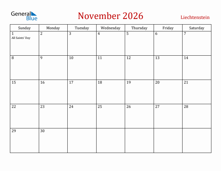 Liechtenstein November 2026 Calendar - Sunday Start