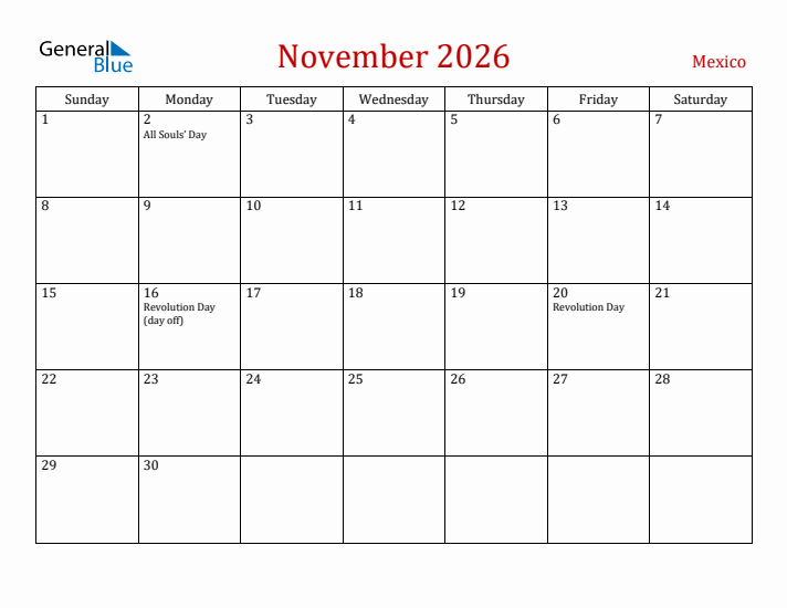 Mexico November 2026 Calendar - Sunday Start