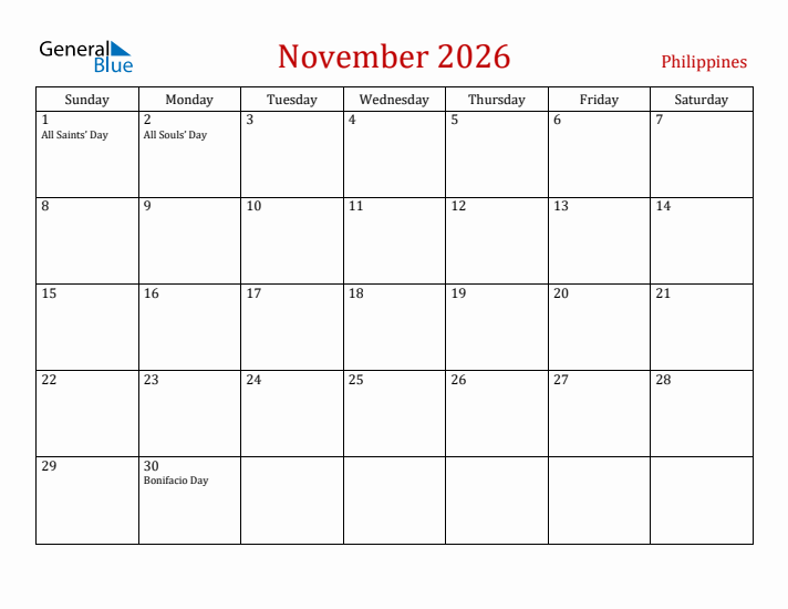 Philippines November 2026 Calendar - Sunday Start
