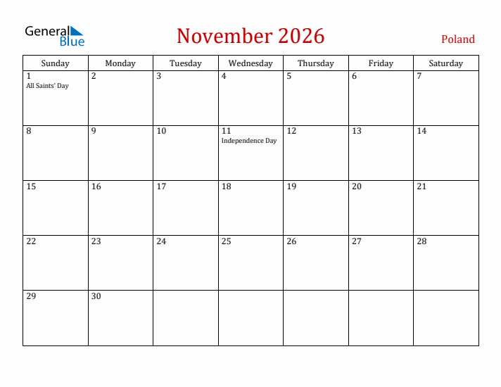 Poland November 2026 Calendar - Sunday Start