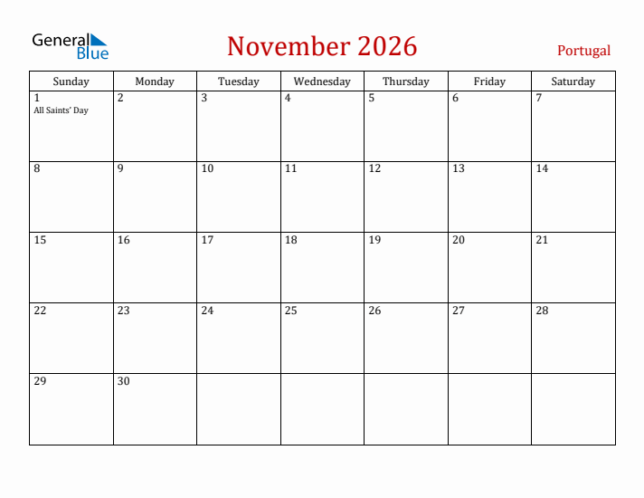 Portugal November 2026 Calendar - Sunday Start