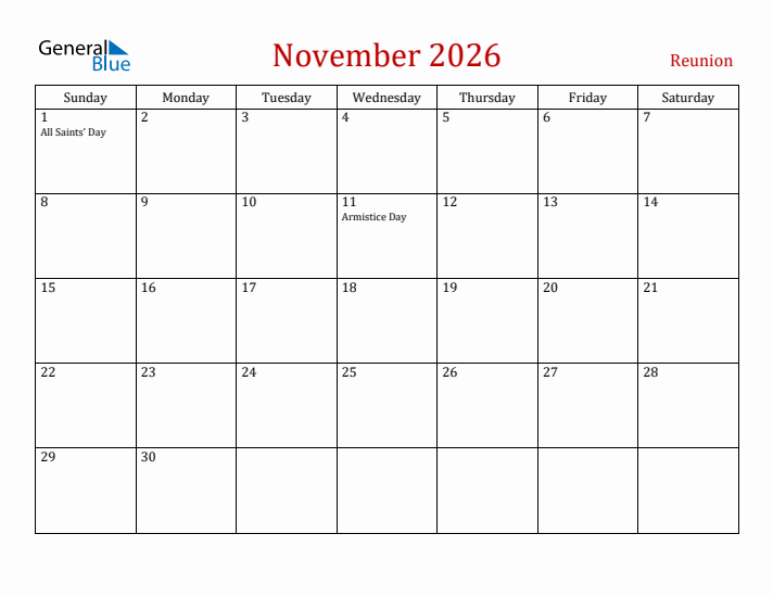 Reunion November 2026 Calendar - Sunday Start