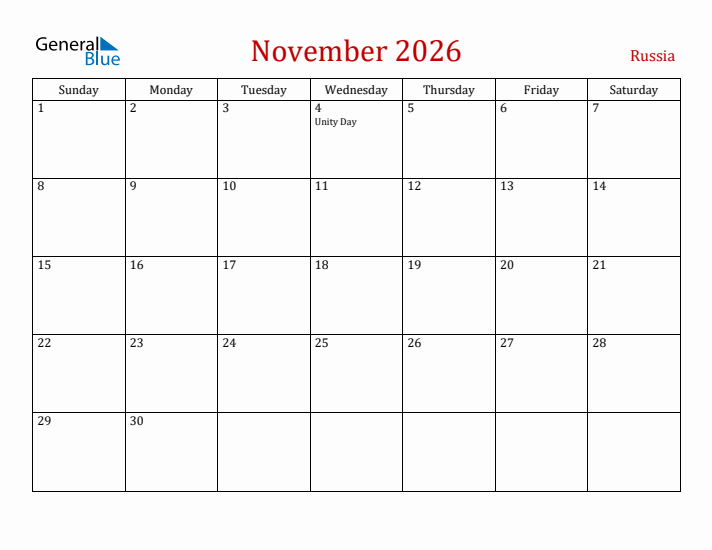 Russia November 2026 Calendar - Sunday Start