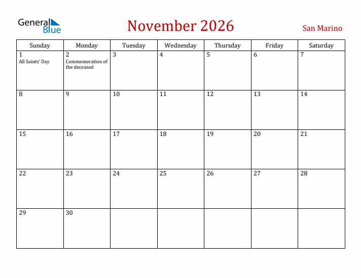 San Marino November 2026 Calendar - Sunday Start