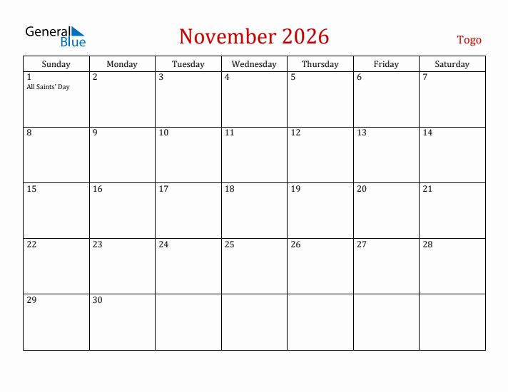 Togo November 2026 Calendar - Sunday Start