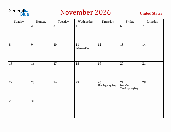 United States November 2026 Calendar - Sunday Start