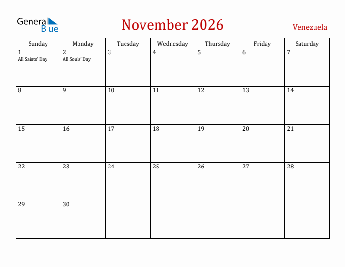 Venezuela November 2026 Calendar - Sunday Start