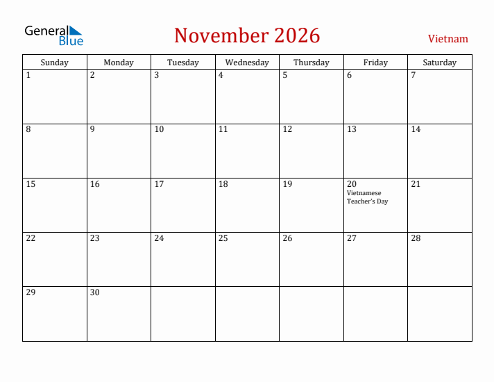 Vietnam November 2026 Calendar - Sunday Start