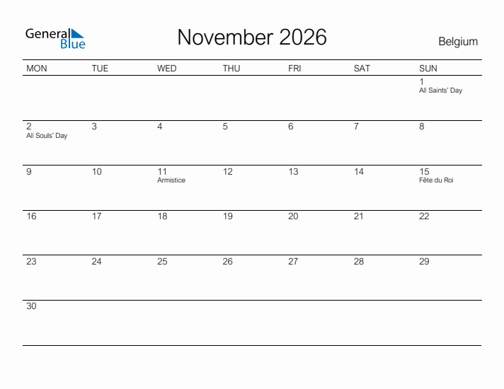 Printable November 2026 Calendar for Belgium