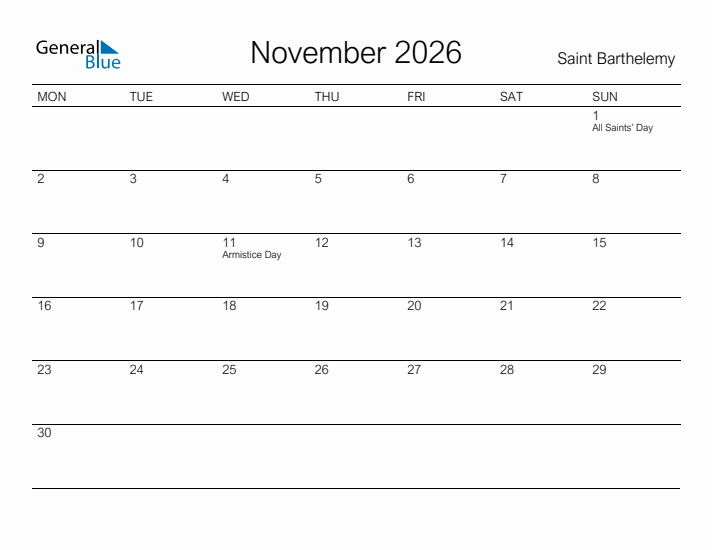 Printable November 2026 Calendar for Saint Barthelemy