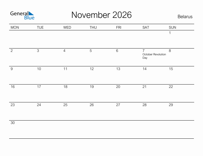 Printable November 2026 Calendar for Belarus