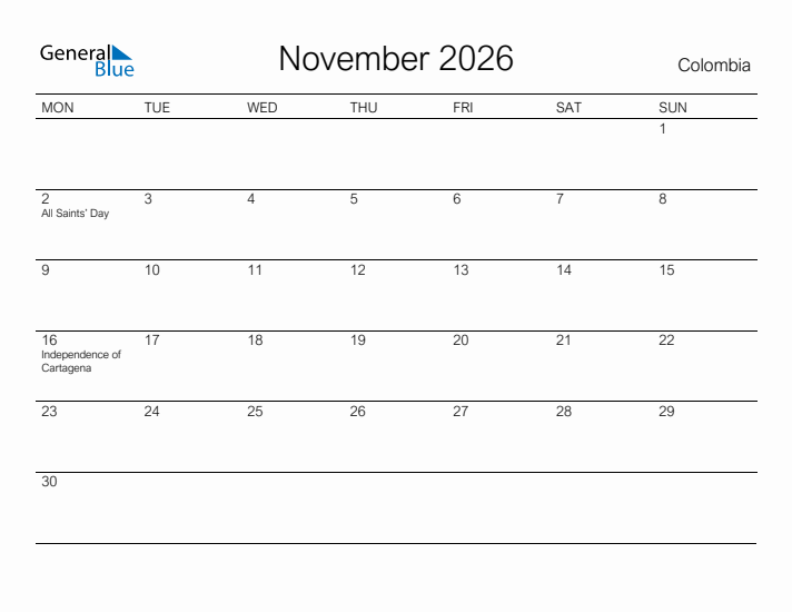 Printable November 2026 Calendar for Colombia
