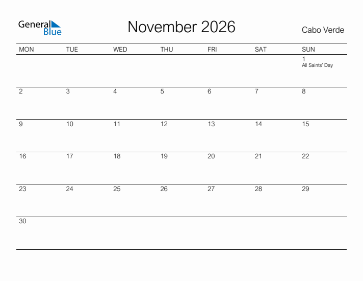 Printable November 2026 Calendar for Cabo Verde
