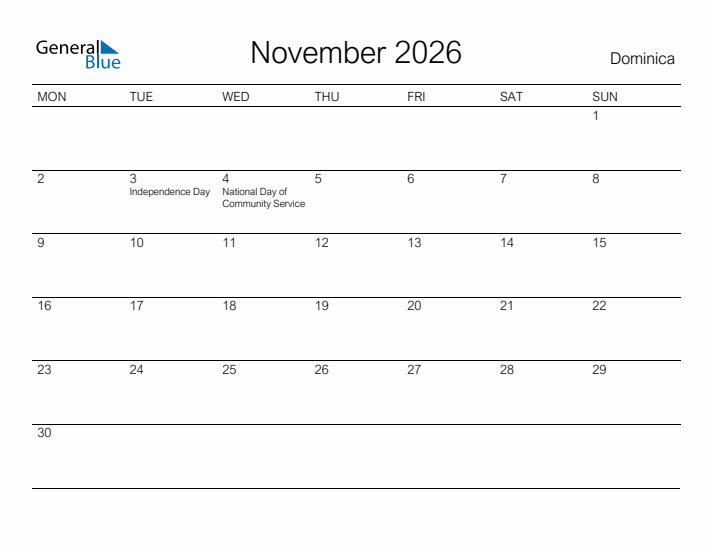 Printable November 2026 Calendar for Dominica