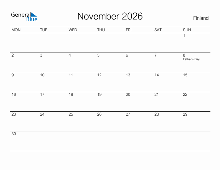 Printable November 2026 Calendar for Finland