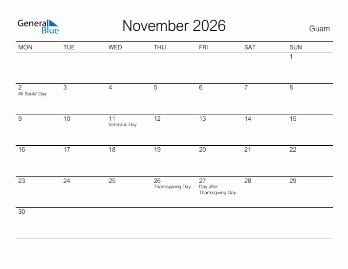 Printable November 2026 Calendar for Guam