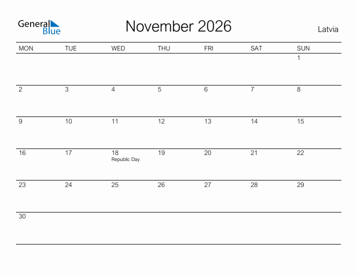 Printable November 2026 Calendar for Latvia