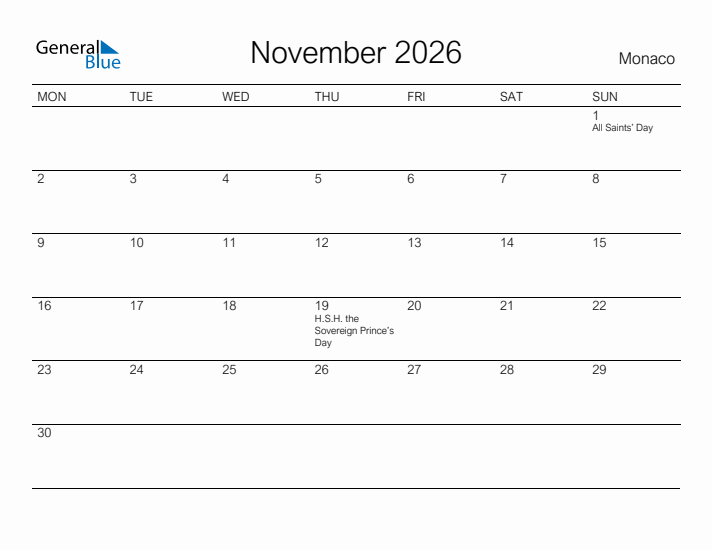 Printable November 2026 Calendar for Monaco