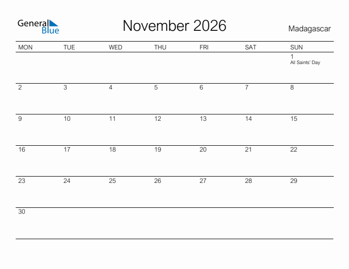 Printable November 2026 Calendar for Madagascar