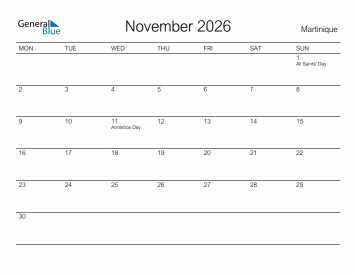 Printable November 2026 Calendar for Martinique