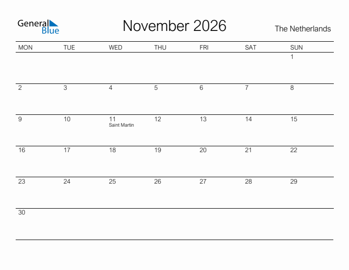 Printable November 2026 Calendar for The Netherlands