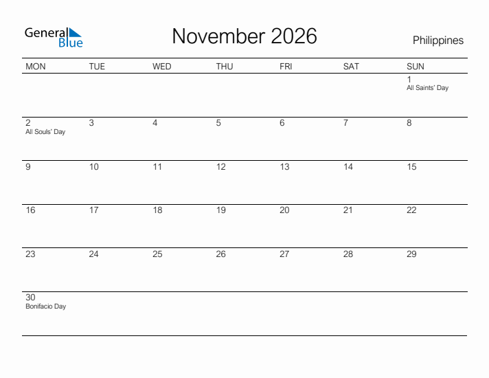 Printable November 2026 Calendar for Philippines