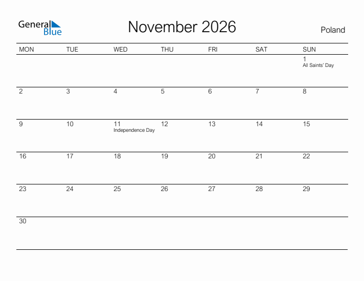Printable November 2026 Calendar for Poland