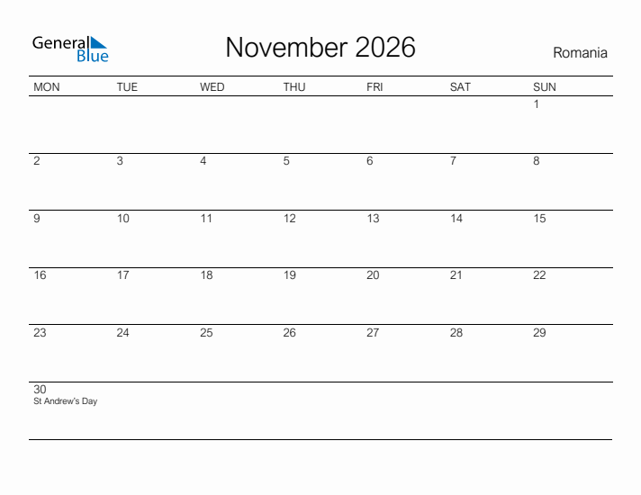 Printable November 2026 Calendar for Romania