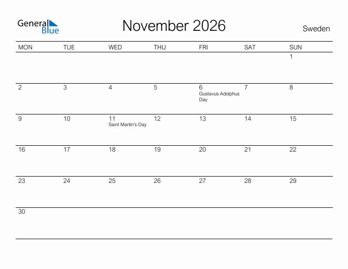 Printable November 2026 Calendar for Sweden