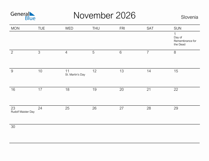 Printable November 2026 Calendar for Slovenia