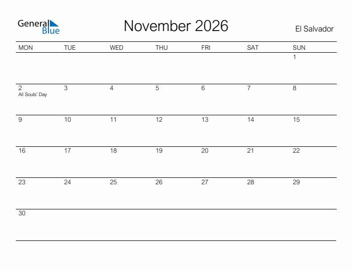 Printable November 2026 Calendar for El Salvador
