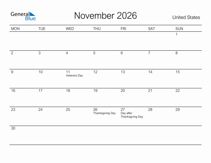 Printable November 2026 Calendar for United States