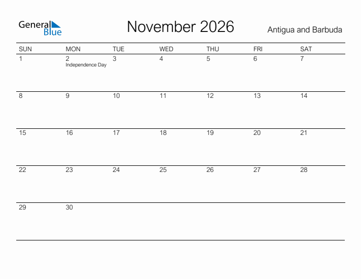 Printable November 2026 Calendar for Antigua and Barbuda