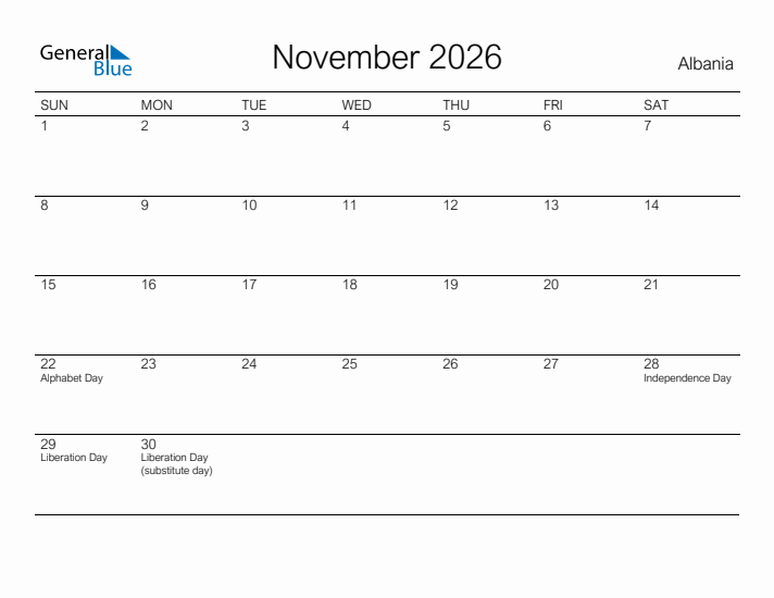 Printable November 2026 Calendar for Albania