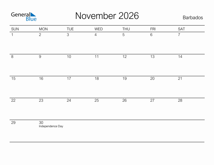Printable November 2026 Calendar for Barbados