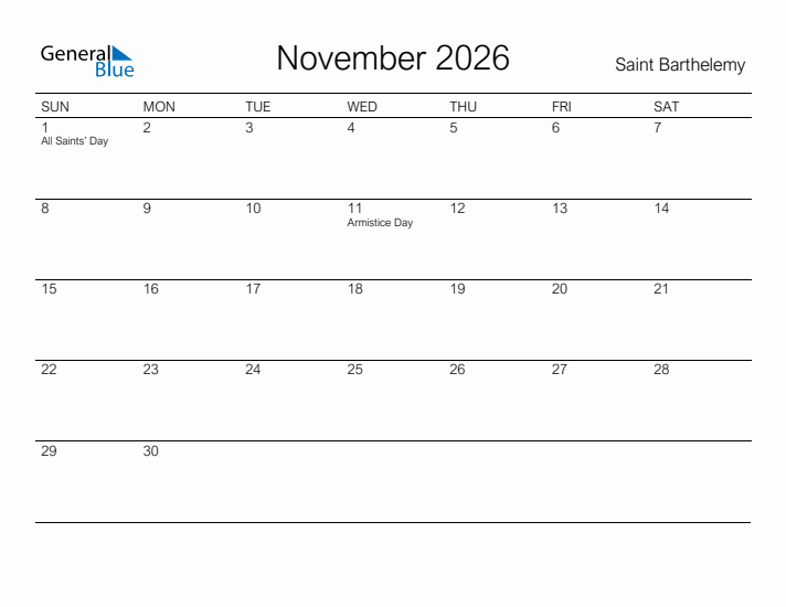 Printable November 2026 Calendar for Saint Barthelemy