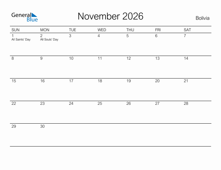 Printable November 2026 Calendar for Bolivia