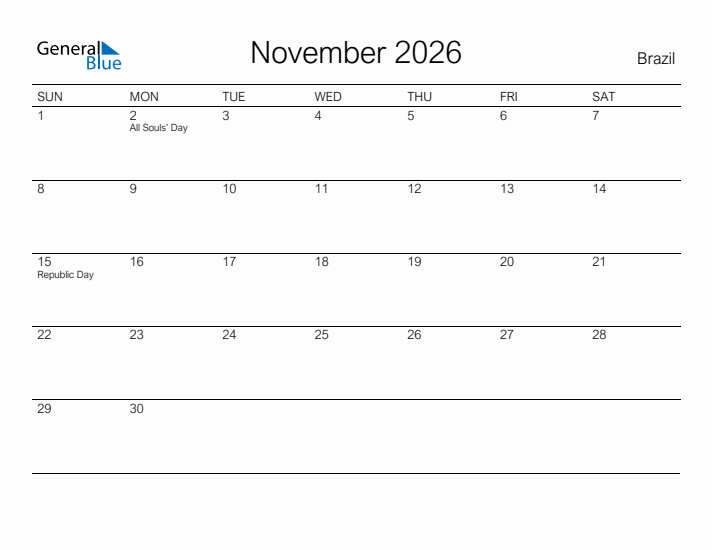 Printable November 2026 Calendar for Brazil