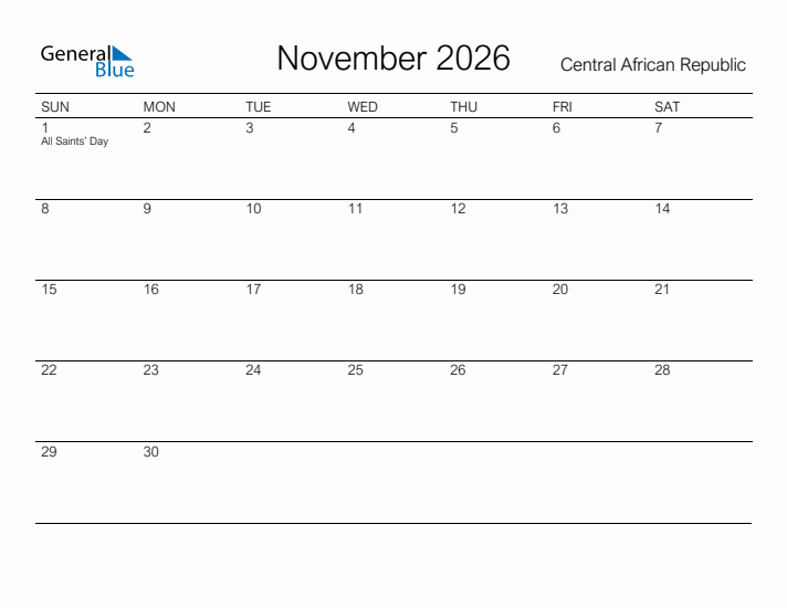 Printable November 2026 Calendar for Central African Republic