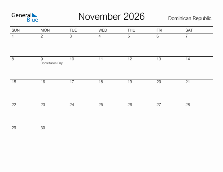 Printable November 2026 Calendar for Dominican Republic