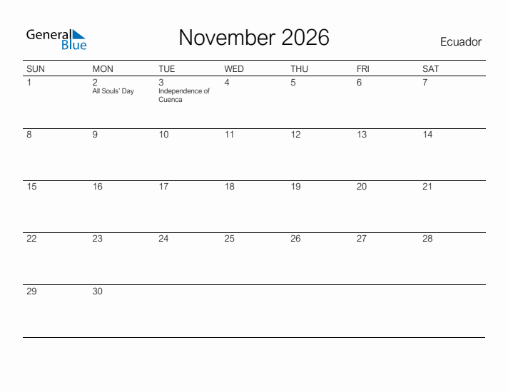Printable November 2026 Calendar for Ecuador