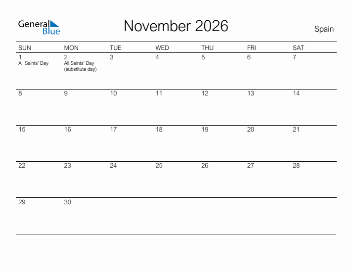 Printable November 2026 Calendar for Spain