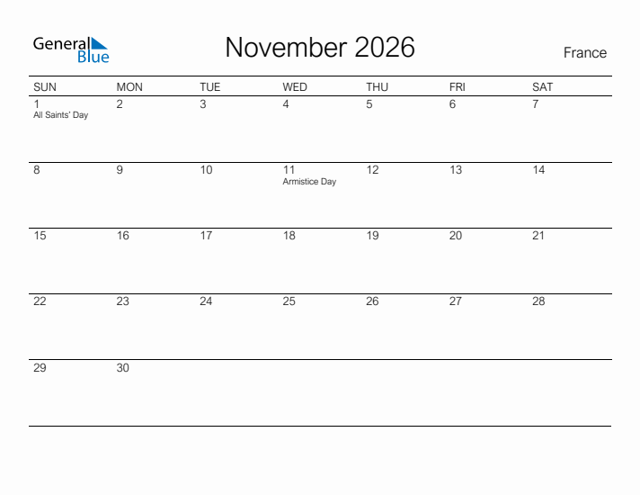 Printable November 2026 Calendar for France