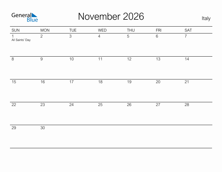 Printable November 2026 Calendar for Italy