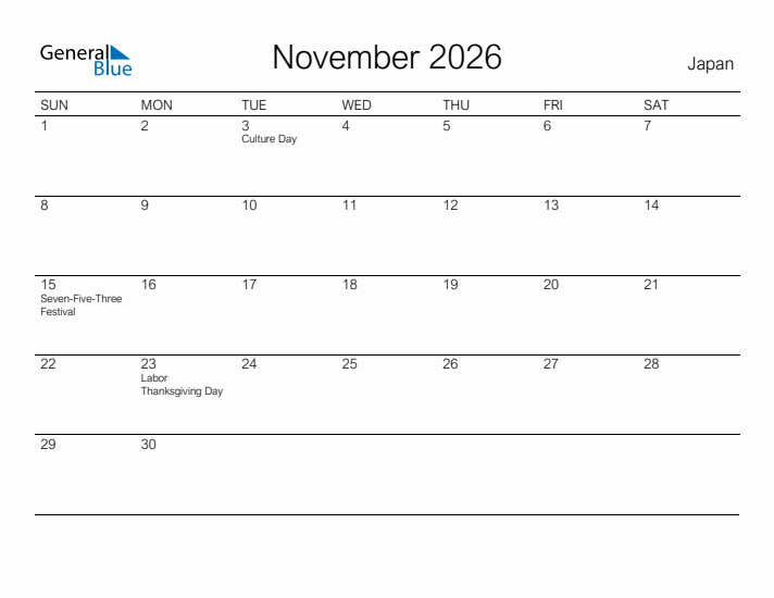 Printable November 2026 Calendar for Japan